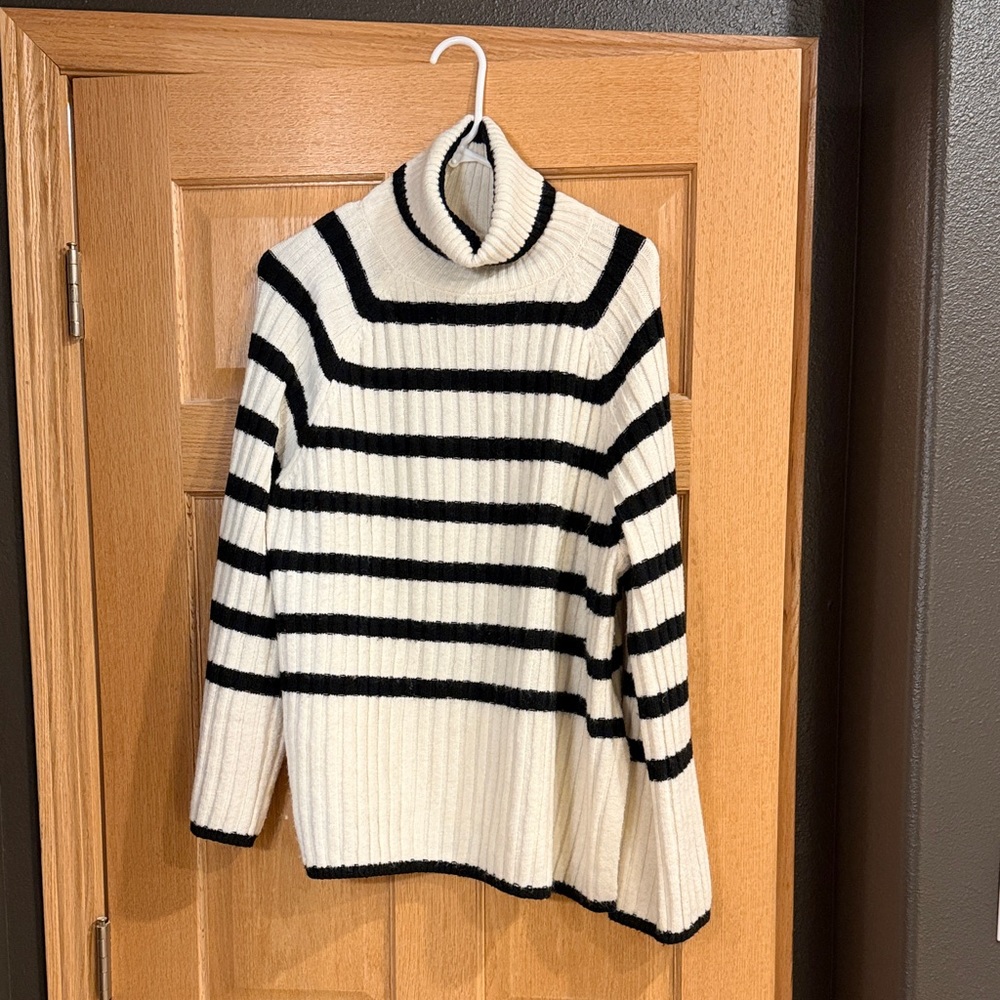 H&M Cream and Black Striped Turtleneck Sweater